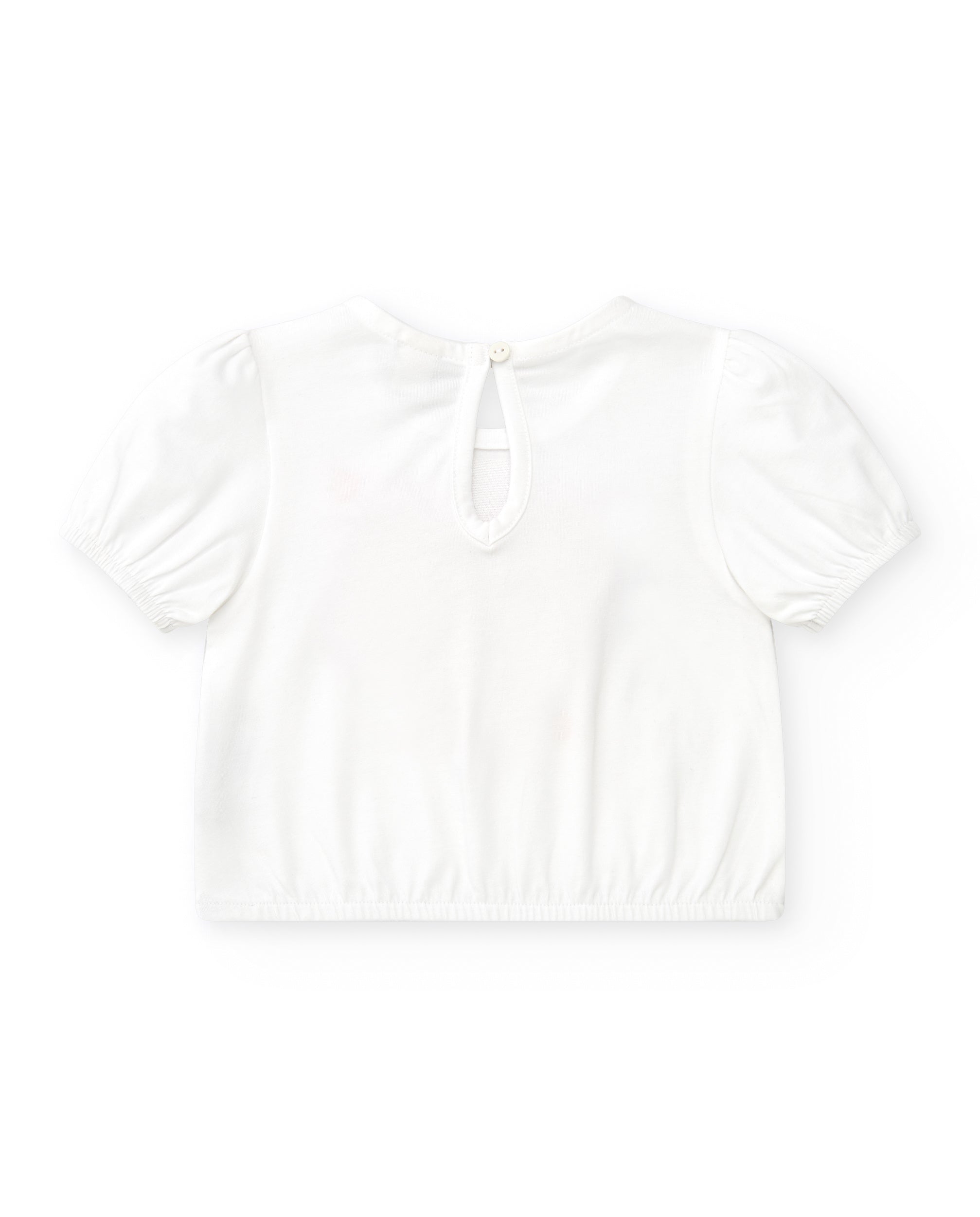 Camiseta para niña en blanco con mangas abullonadas y fruncido