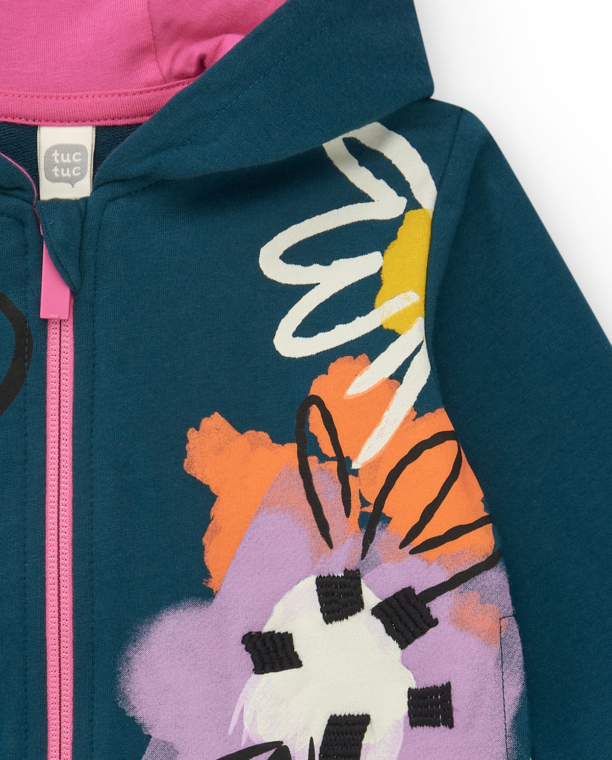 Chaqueta de felpa para niña en azul con cremallera rosa y