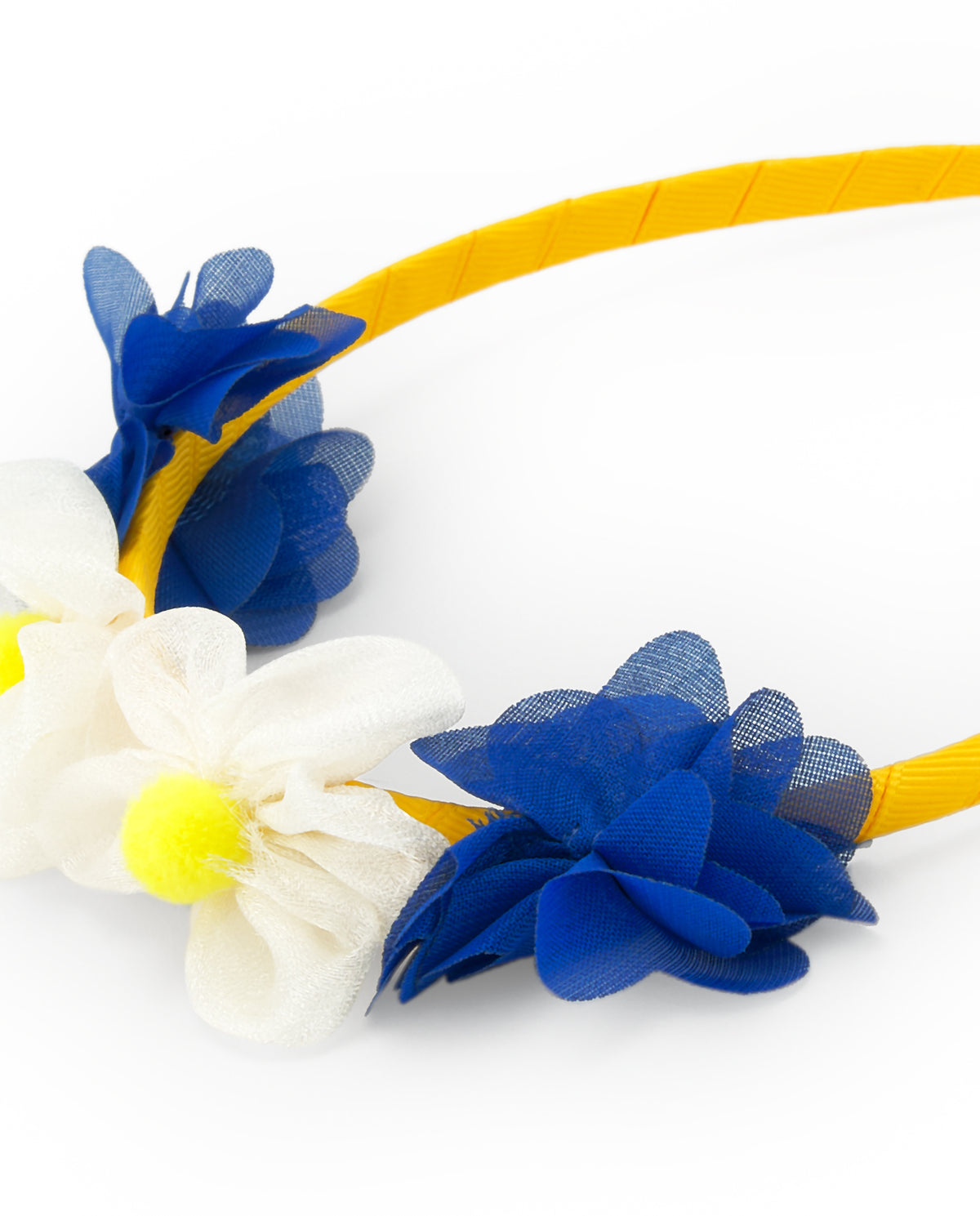 Diadema rígida para niña en amarillo con flores azules y blancas