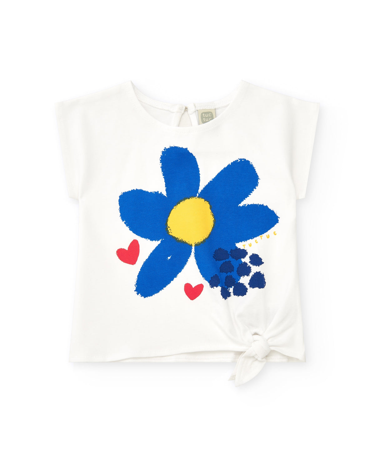 Camiseta para niña en blanco con flor azul y corazones