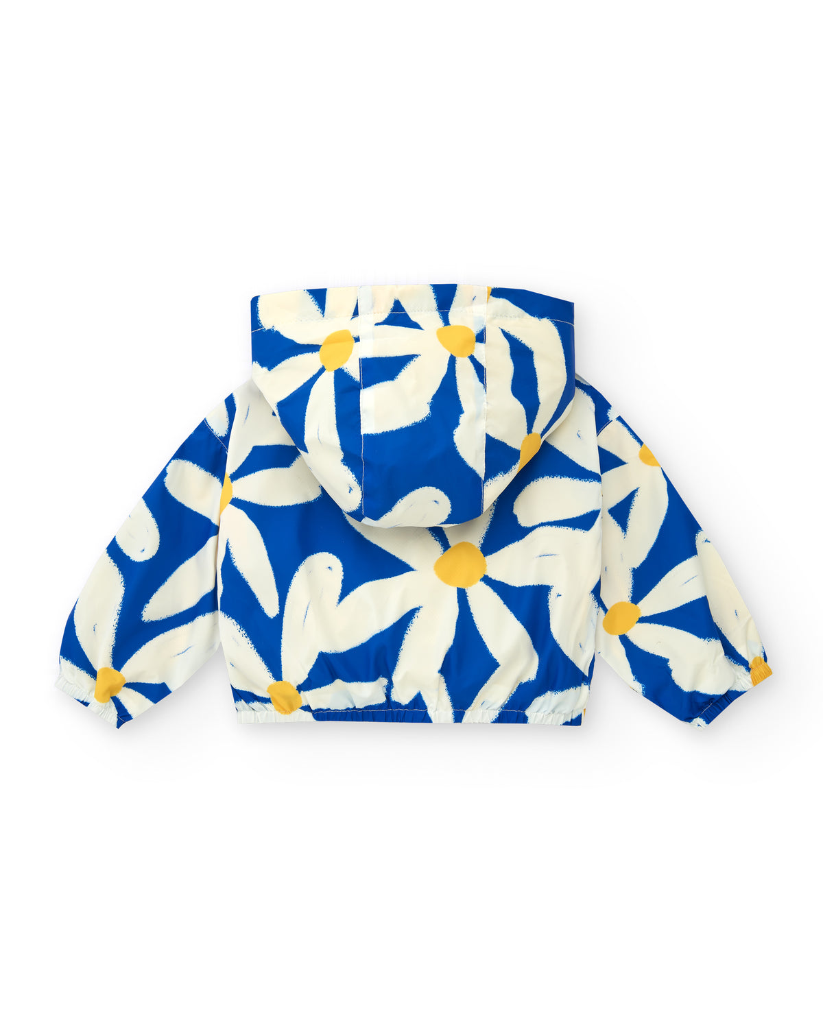 Cortavientos para niña en azul con flores y detalles amarillos