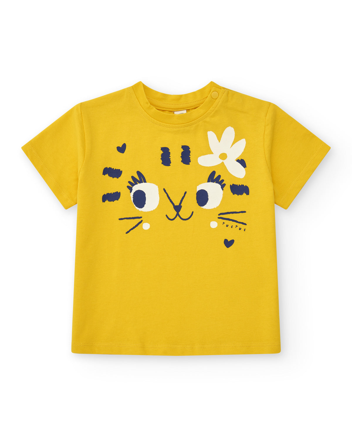 Camiseta para niña en amarillo con gato y flor azul