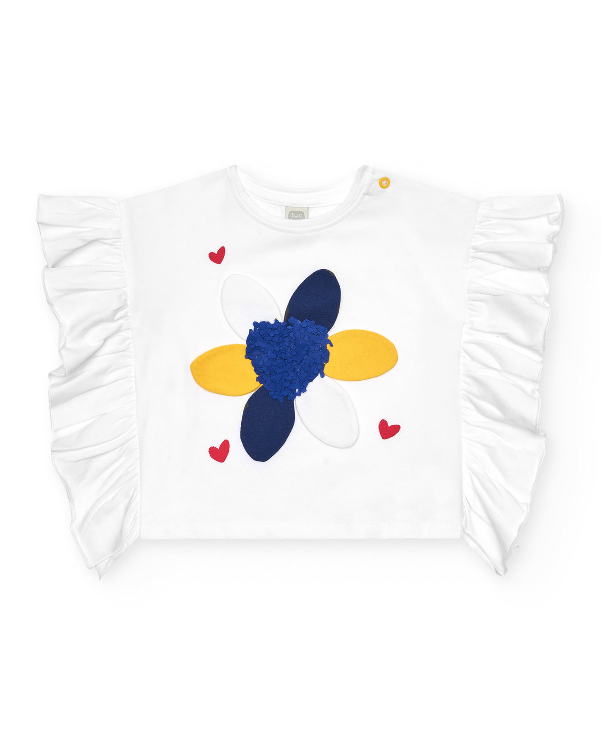 Camiseta de punto para niña en blanco con volantes y flor