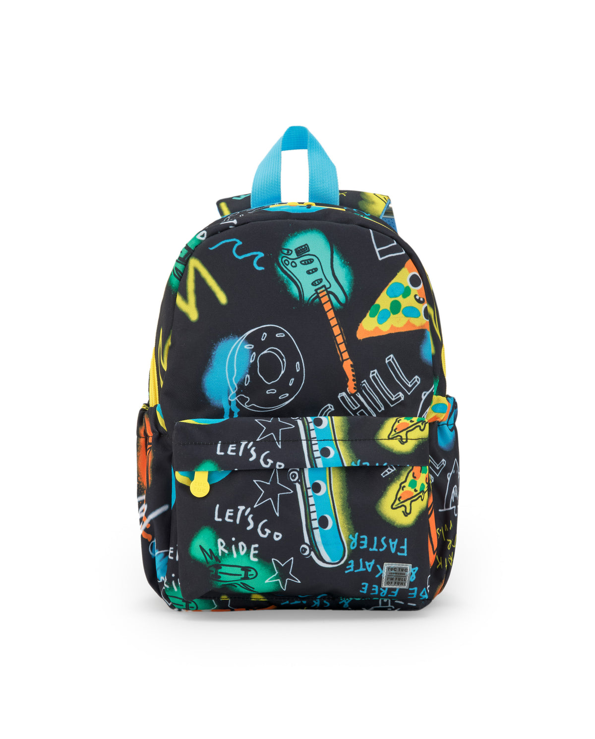 Mochila para niño en negro con estampado de guitarras, pizza y