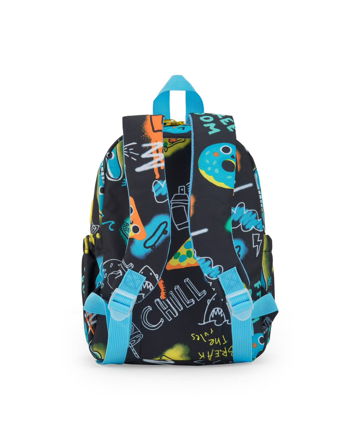 Mochila para niño en negro con estampado de guitarras, pizza y