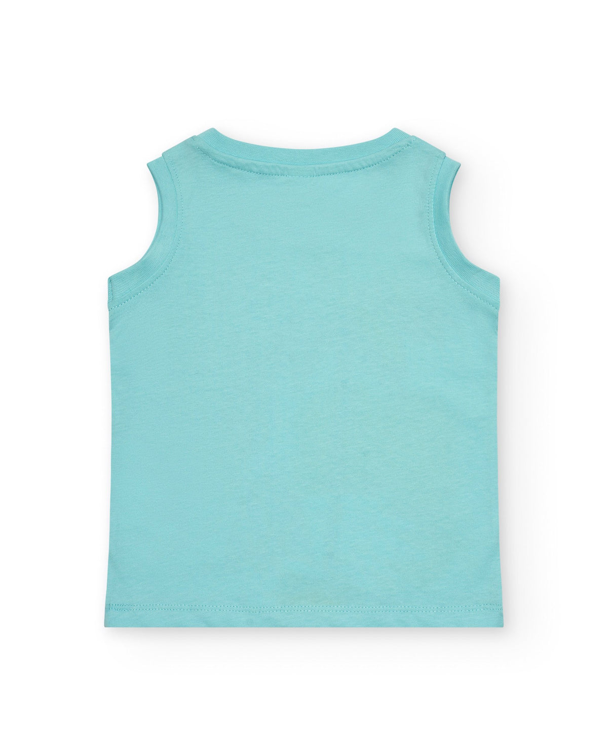 Camiseta sin mangas para niño en azul con palmeras y tiburón