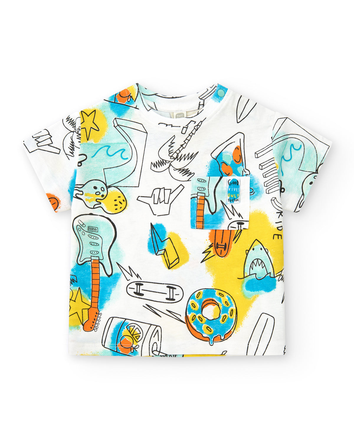 Camiseta para niño en blanco con guitarras y donuts