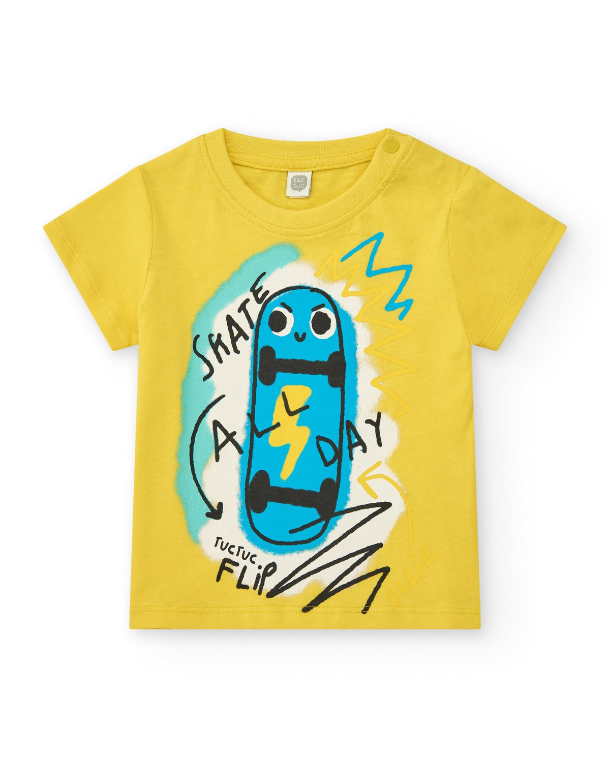 Camiseta para niño en amarillo con patinete y frase "SKATE ALL