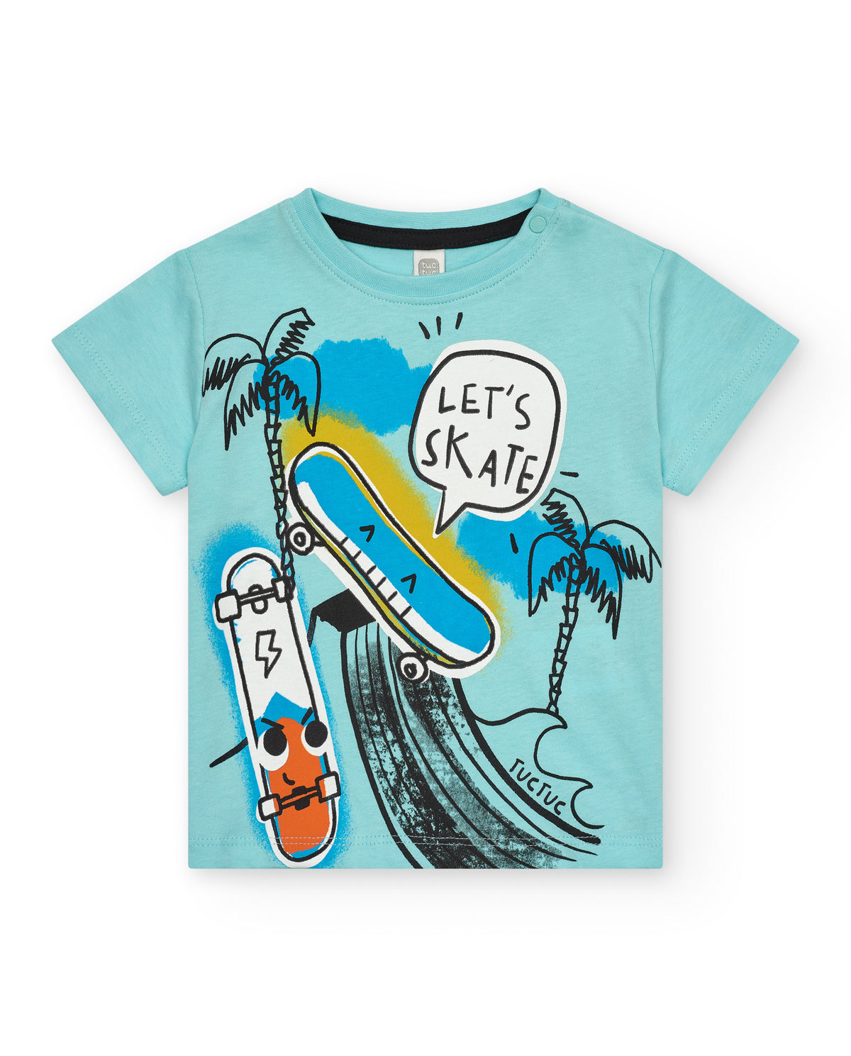 Camiseta para niño en azul con skate y palmeras