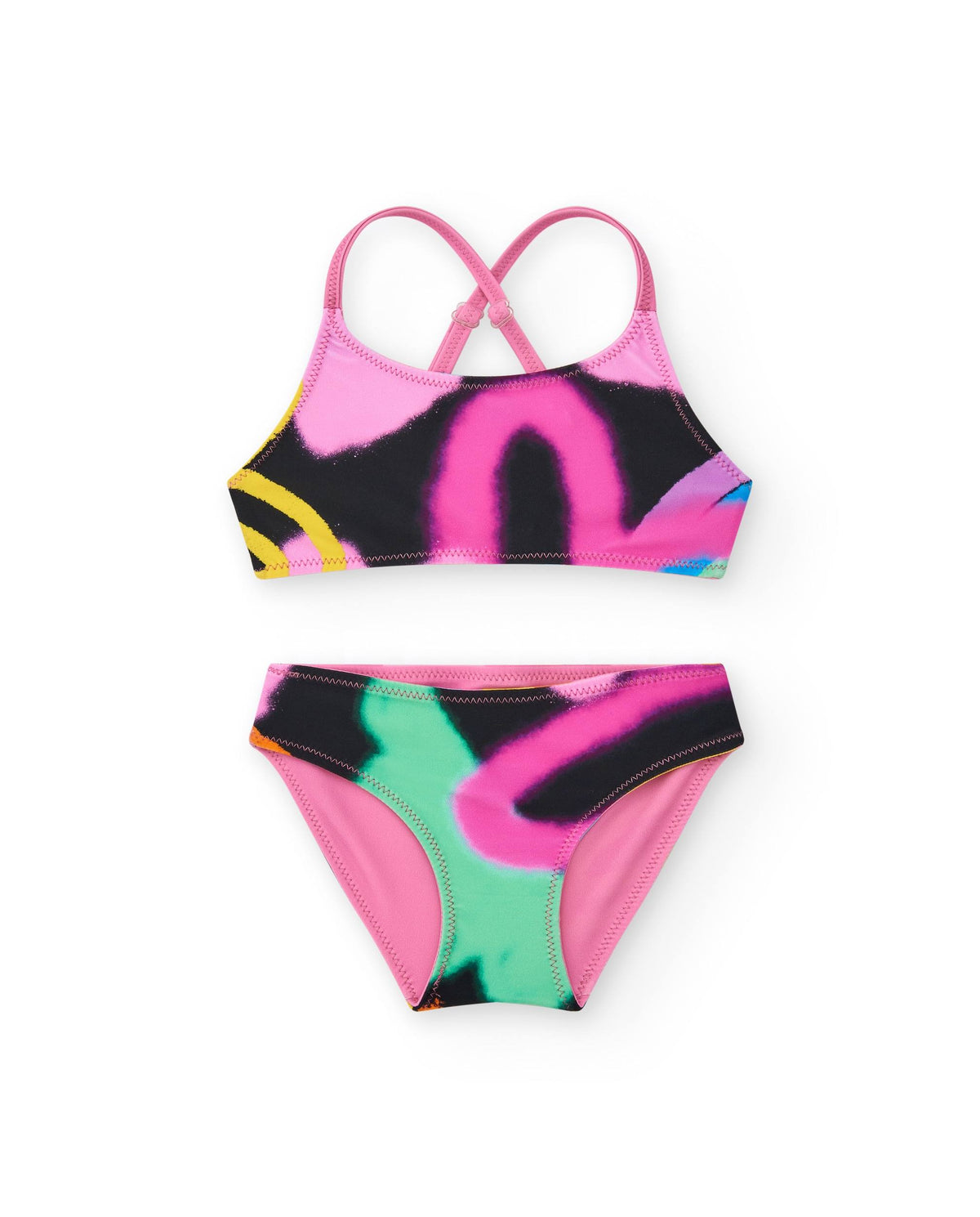 Bikini para niña en rosa con arcoíris y tirantes cruzados