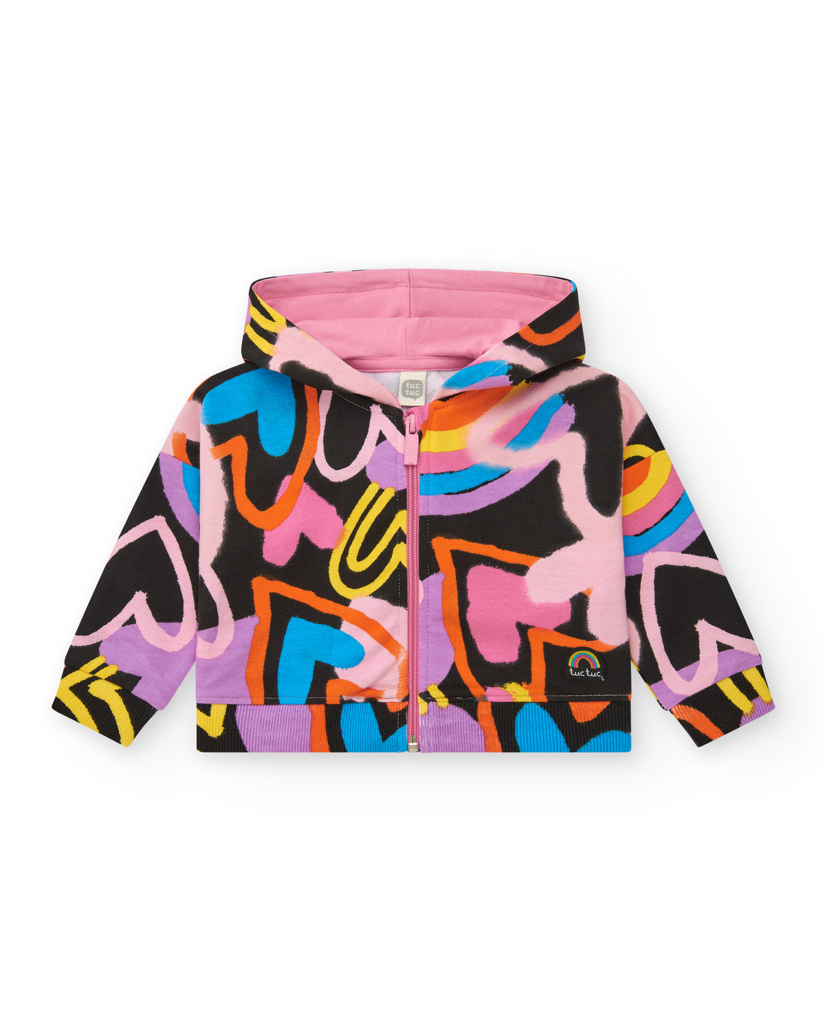 Chaqueta para niña en negro con estampado multicolor y cierre