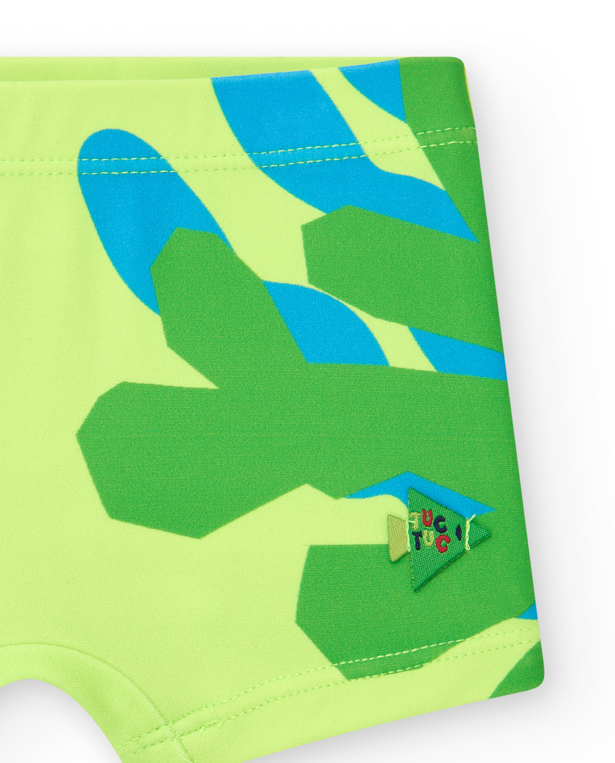 Bóxer de baño para niño en verde con peces en rojo y azul