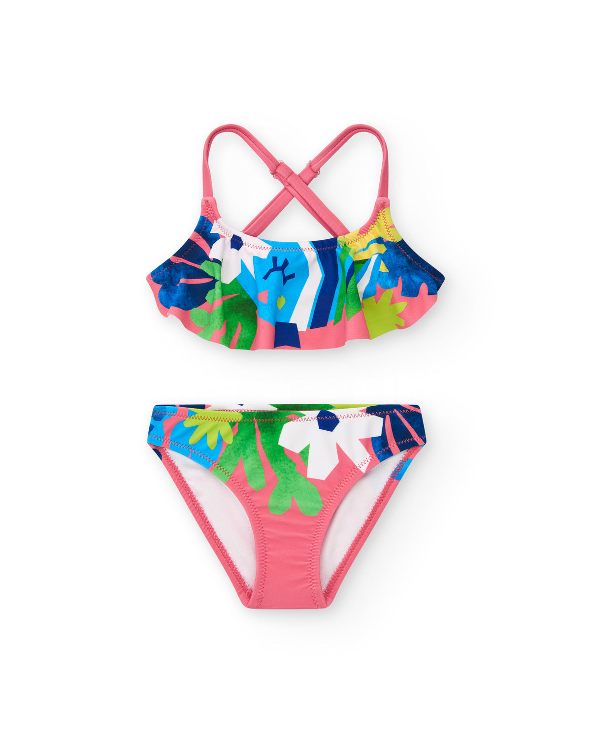 Bikini para niña en rosa con estampado tropical y volantes