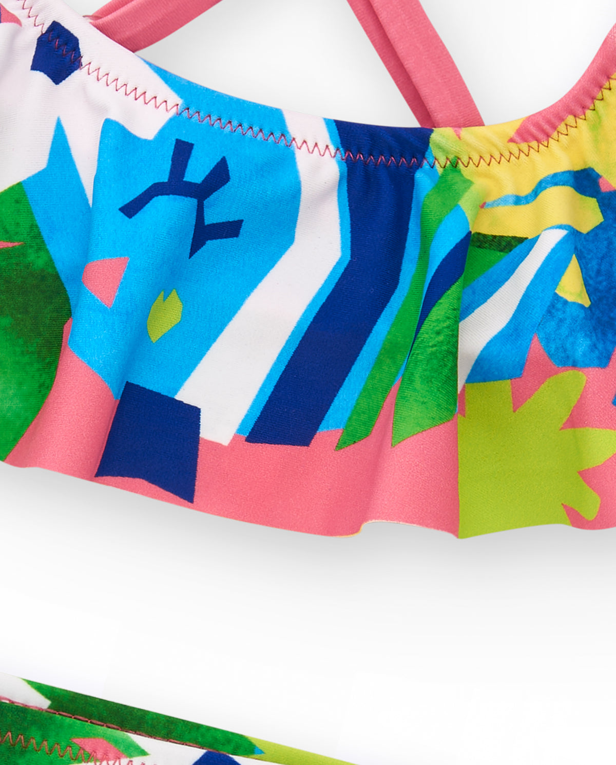 Bikini para niña en rosa con estampado tropical y volantes