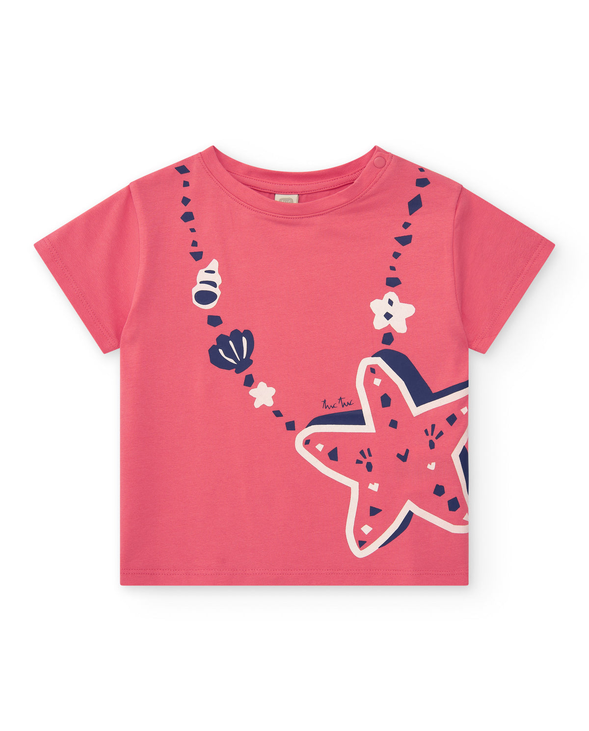 Camiseta para niña en rosa con estrella de mar y conchas
