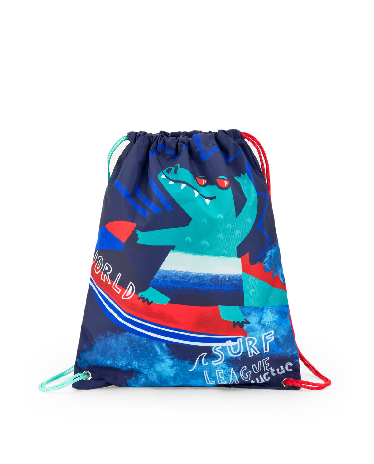 Mochila para niño en azul con estampado de cocodrilo surfeando