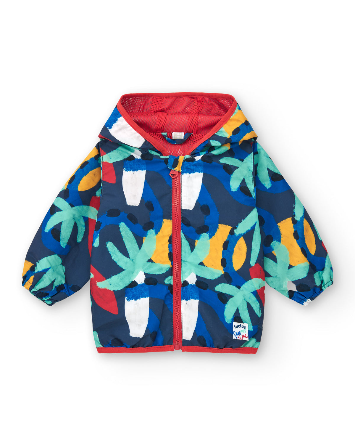 Cortavientos para niño en azul con estampado tropical y capucha
