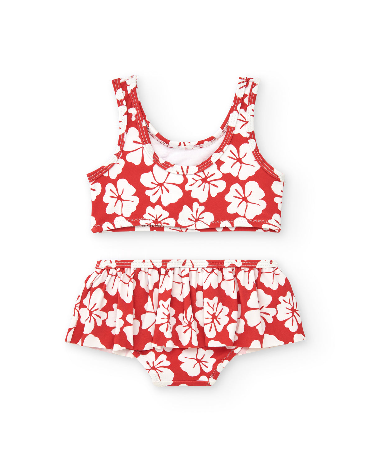 Bikini para niña en rojo con estampado floral y volante