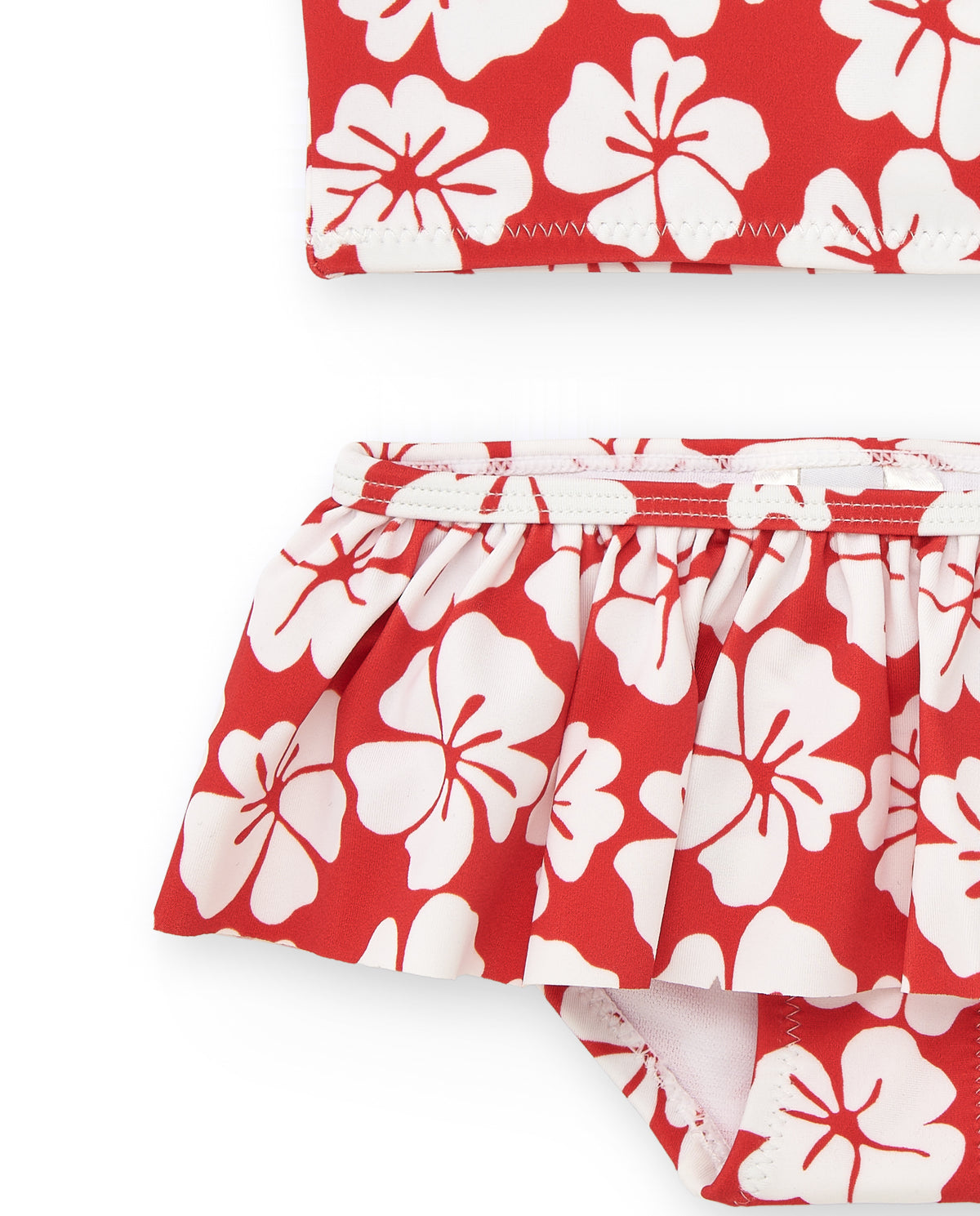 Bikini para niña en rojo con estampado floral y volante