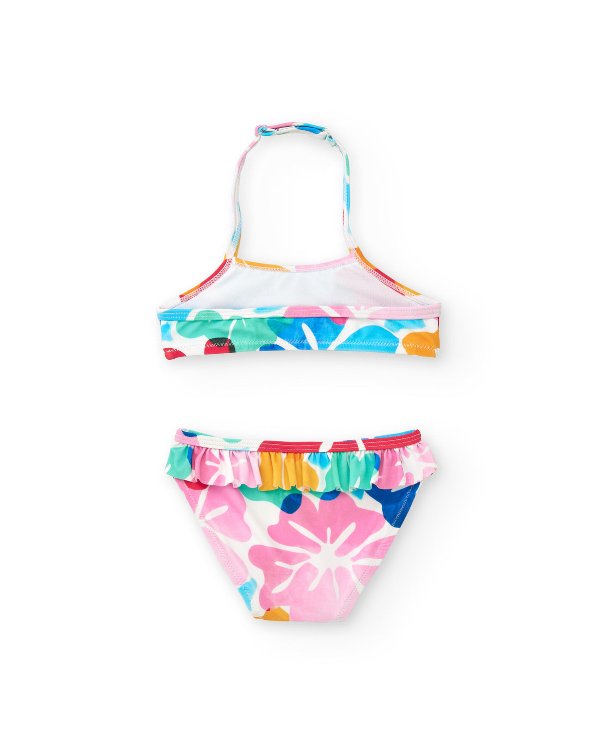 Bikini para niña en azul con estampado floral y volantes