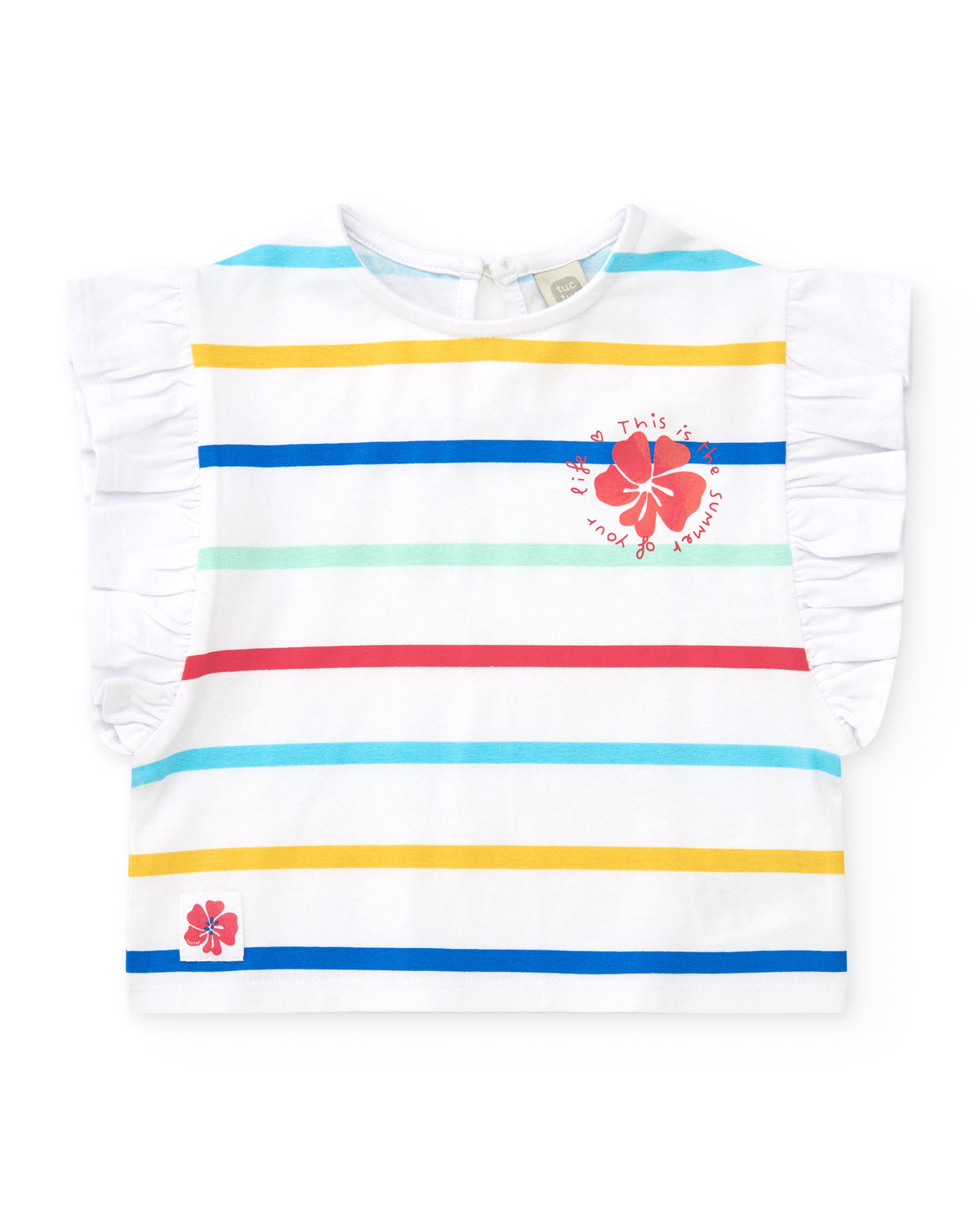 Camiseta para niña en blanco con rayas multicolor y volantes