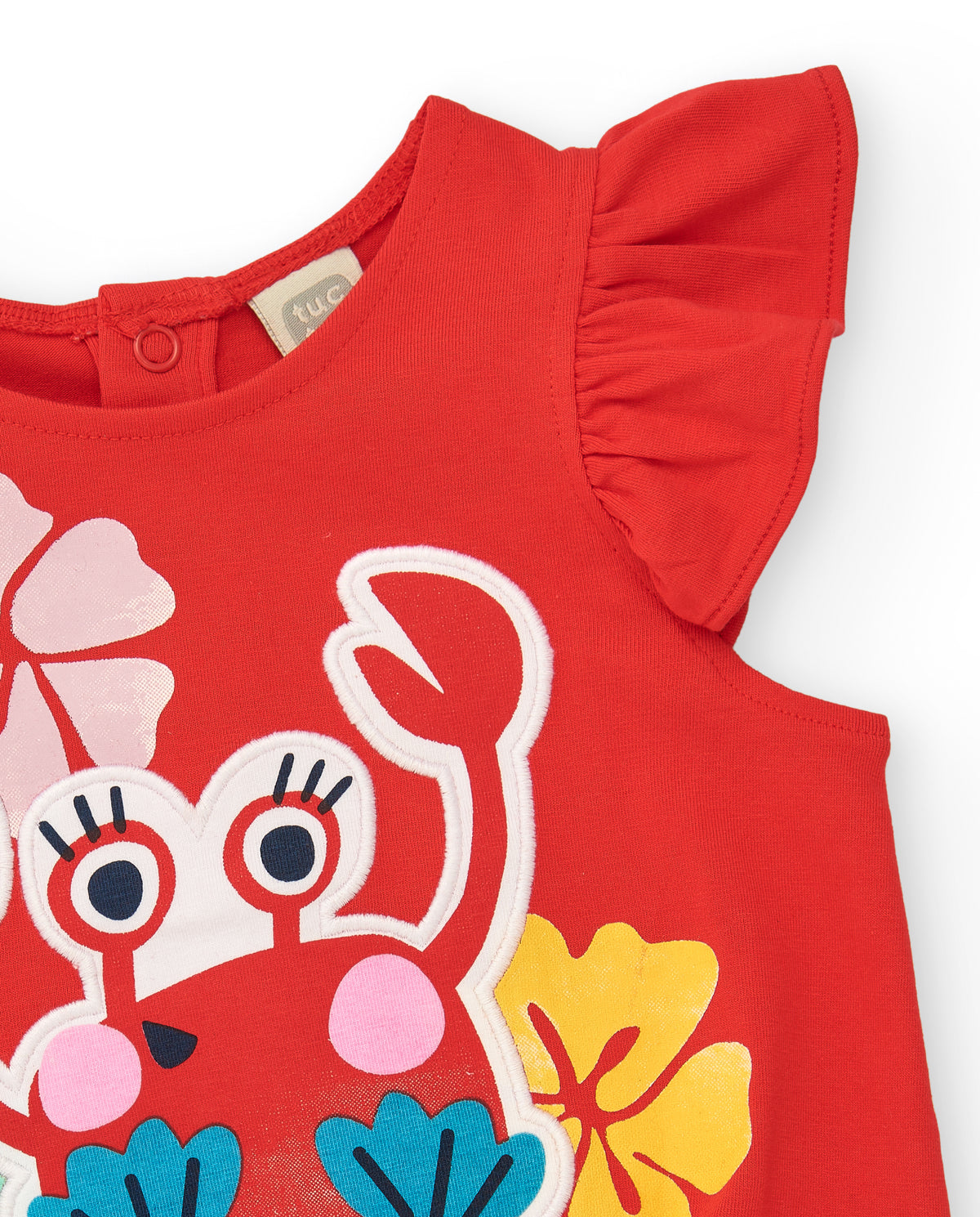 Camiseta para niña en rojo con estampado de cangrejo y volantes