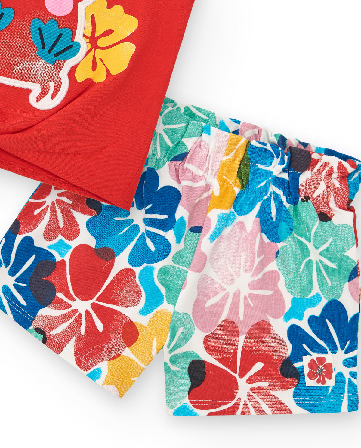 Conjunto para niña con camiseta roja de cangrejo y short floral