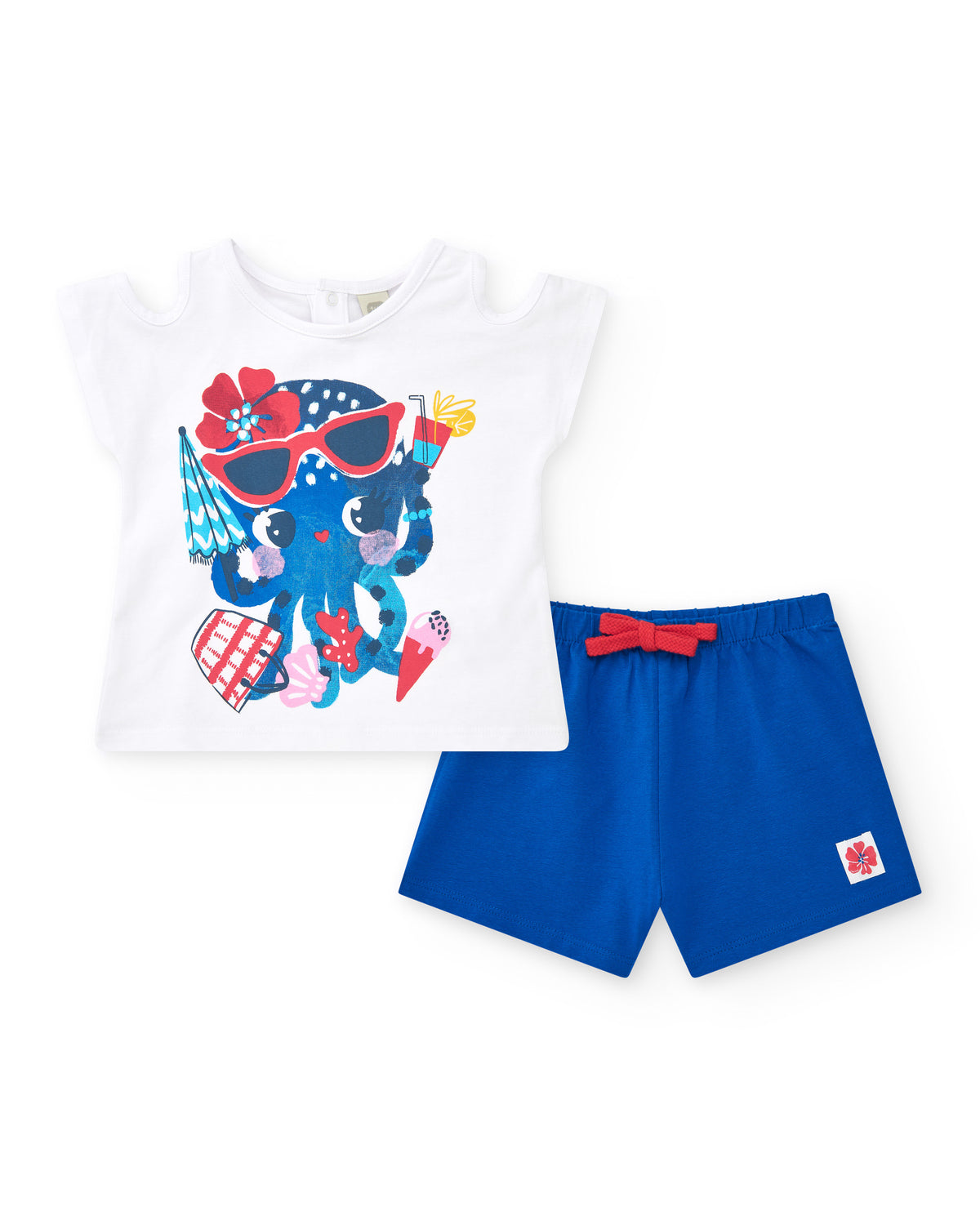 Conjunto para niña con camiseta de pulpo y short azul con lazo