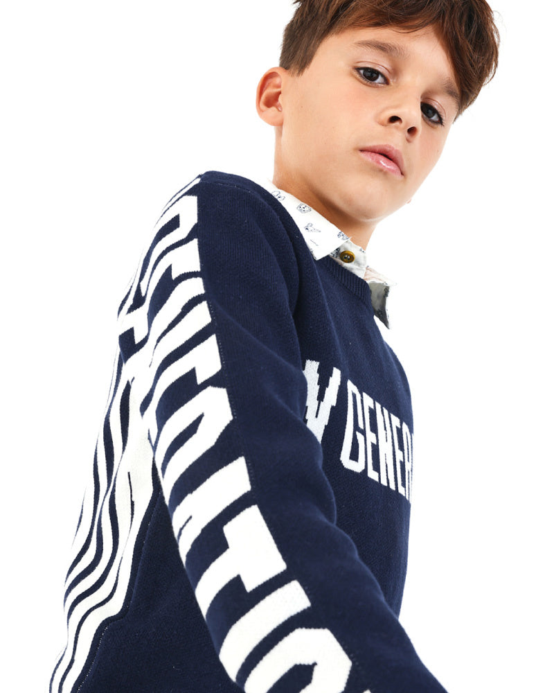 Jersey azul marino con texto "New Generation" para niño