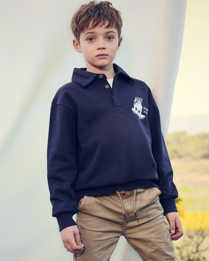 Polo negro de manga larga con estampado "Happy Days" para niño