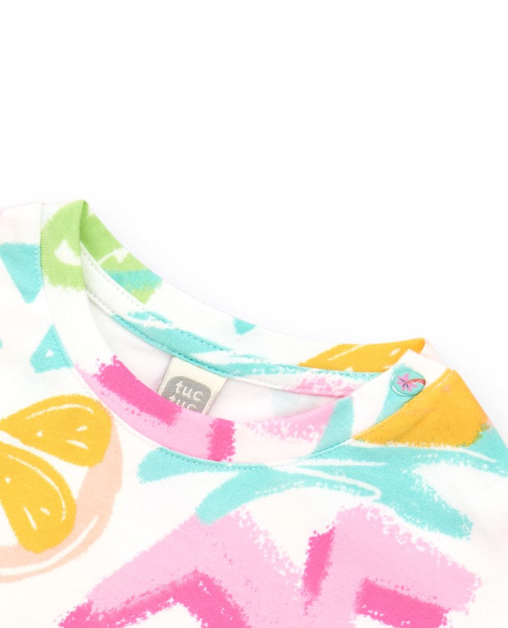 Camiseta para niña con frutas tropicales y nudo decorativo