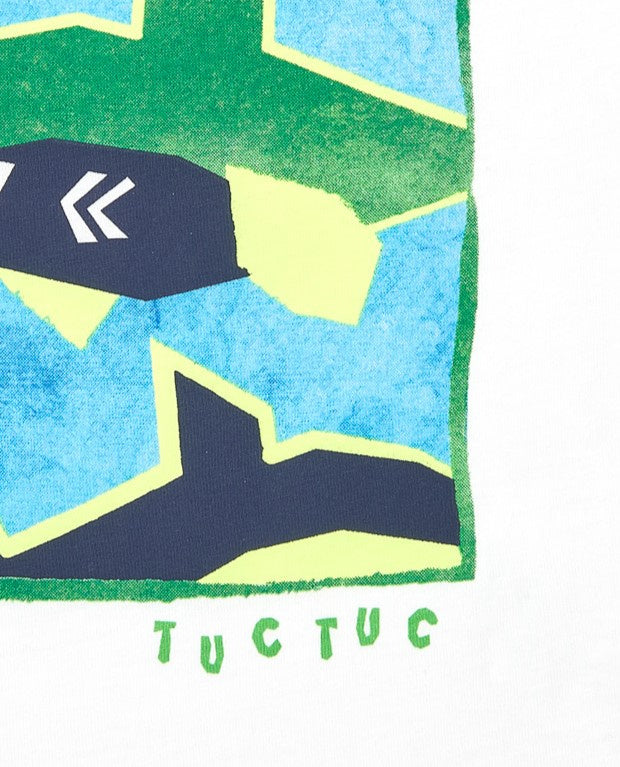 Camiseta para niño en blanco con tiburones en verde y azul