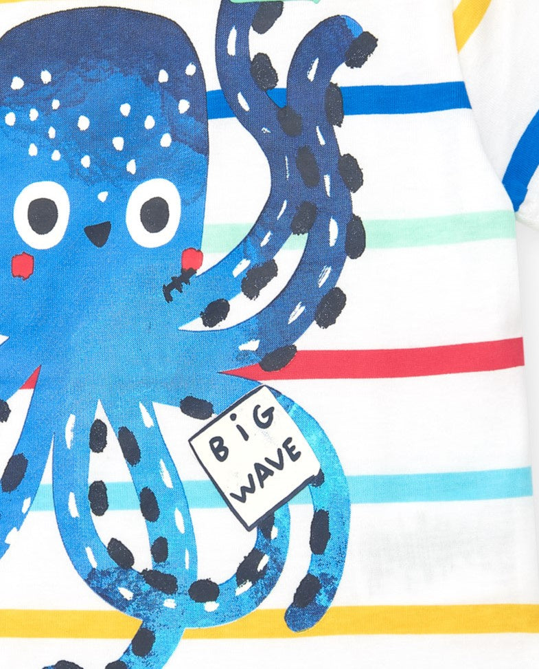 Camiseta para niño en blanco con rayas y estampado de pulpo