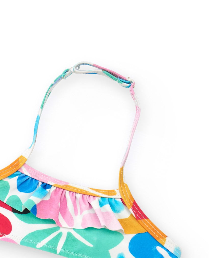 Bikini para niña en azul con estampado floral y volantes