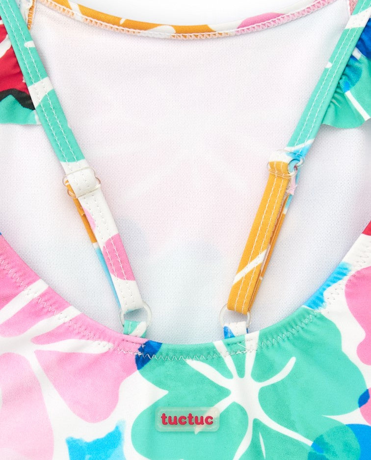 Bañador para niña en blanco con estampado floral y volantes