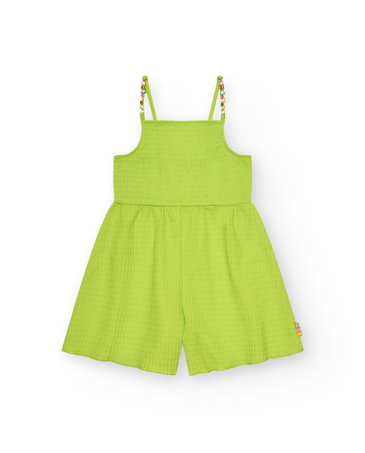 Mono para niña en verde con tirantes y detalles multicolor