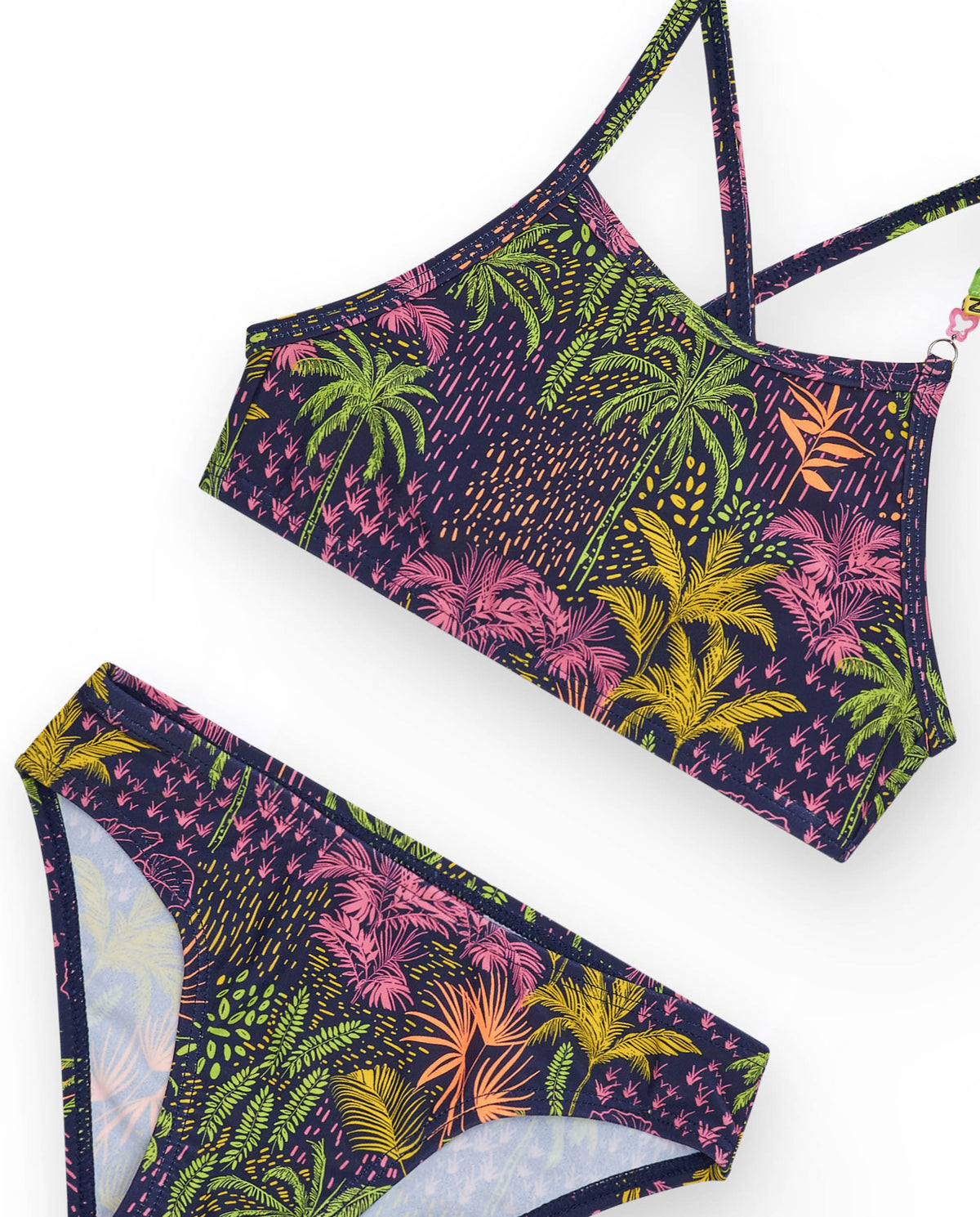 Bikini para niña en azul marino con tirantes y estampado