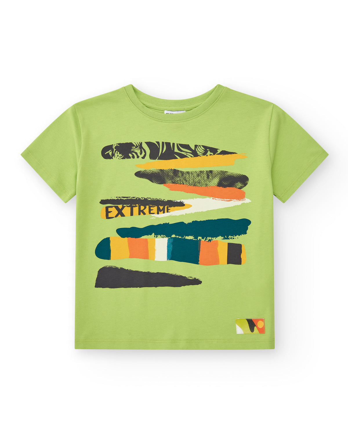 Camiseta para niño en verde con estampado multicolor