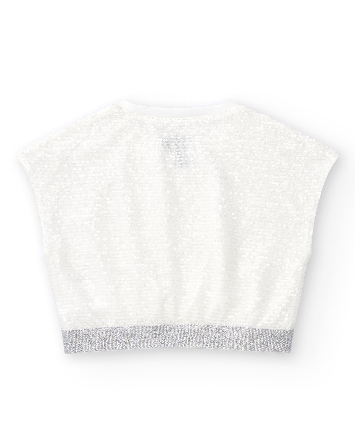 Camiseta para niña en blanco con lentejuelas y bajo elástico