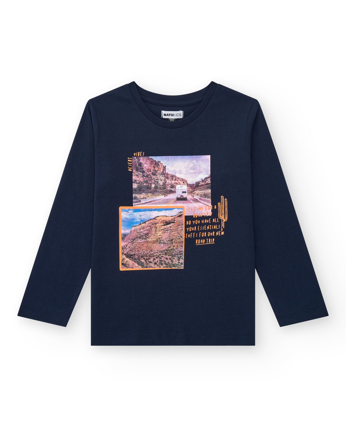 Camiseta de manga larga para niño en azul con diseño sobre