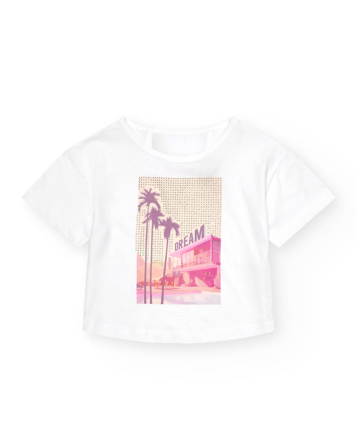 Camiseta para niña en blanco con estampado frontal en rosa y