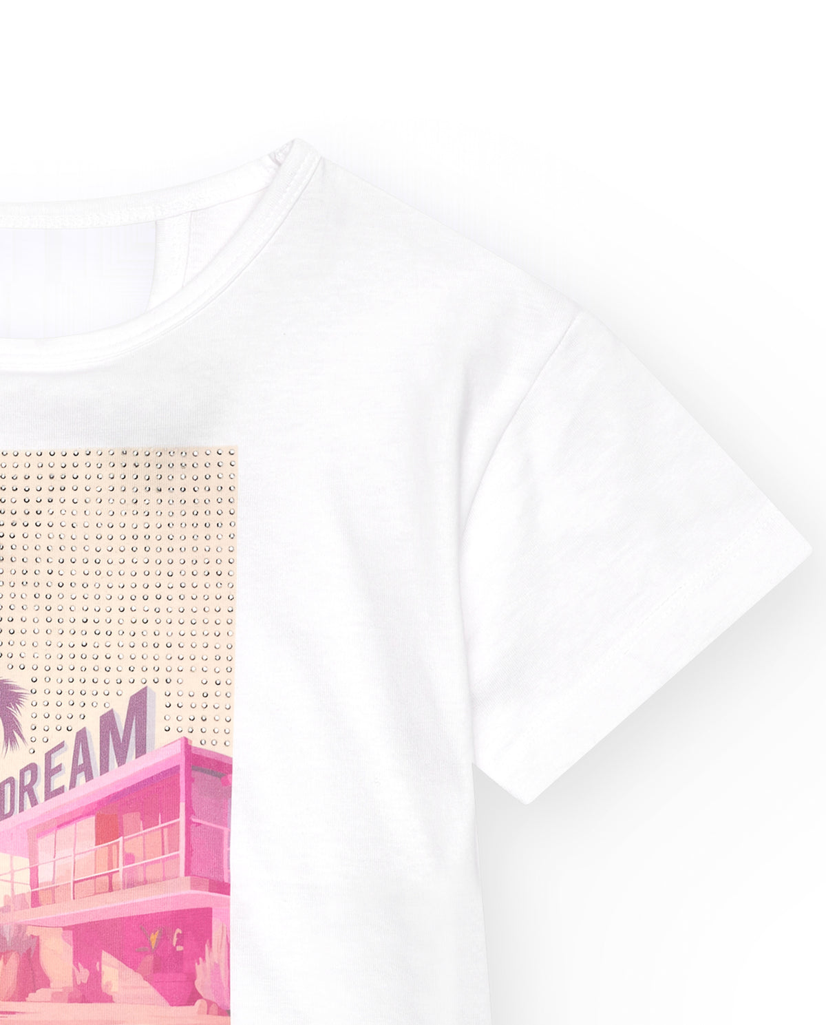 Camiseta para niña en blanco con estampado frontal en rosa y
