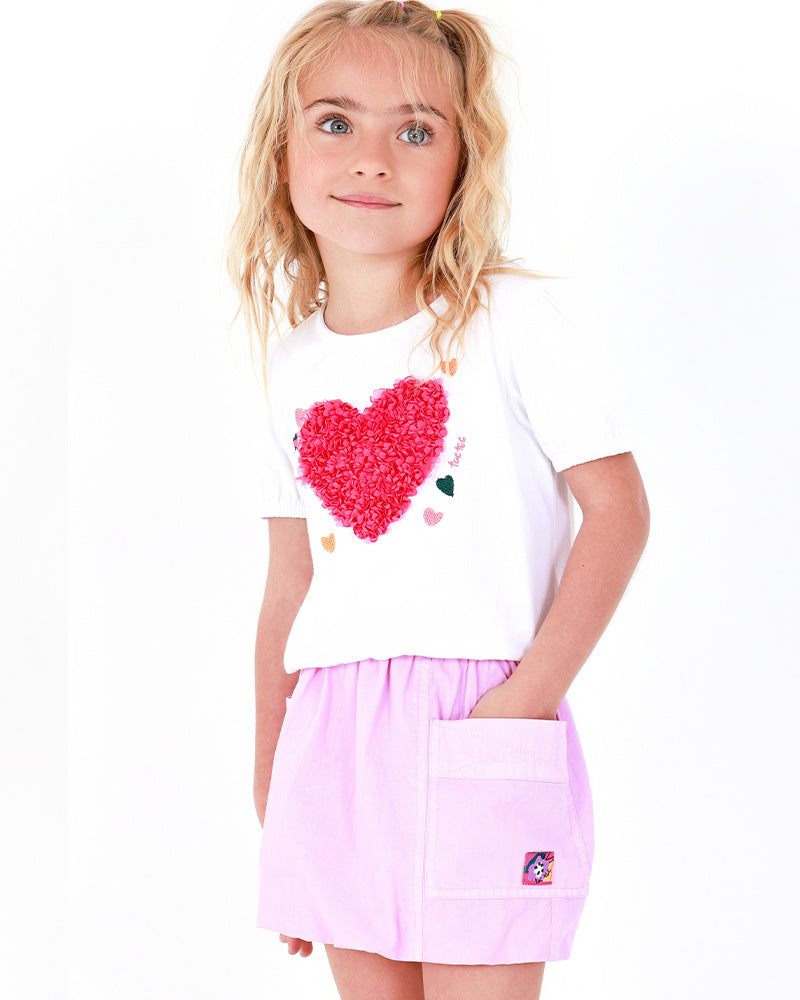 Camiseta para niña en blanco con mangas abullonadas y fruncido
