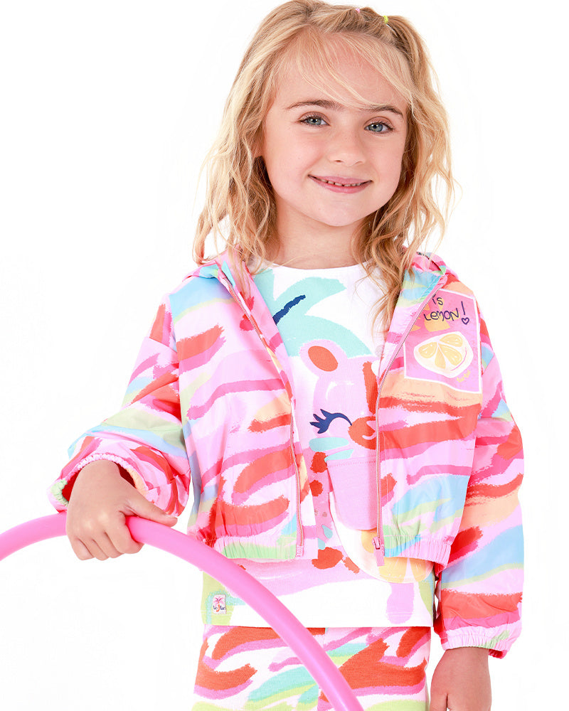 Cortavientos multicolor para niña con capucha y cremallera