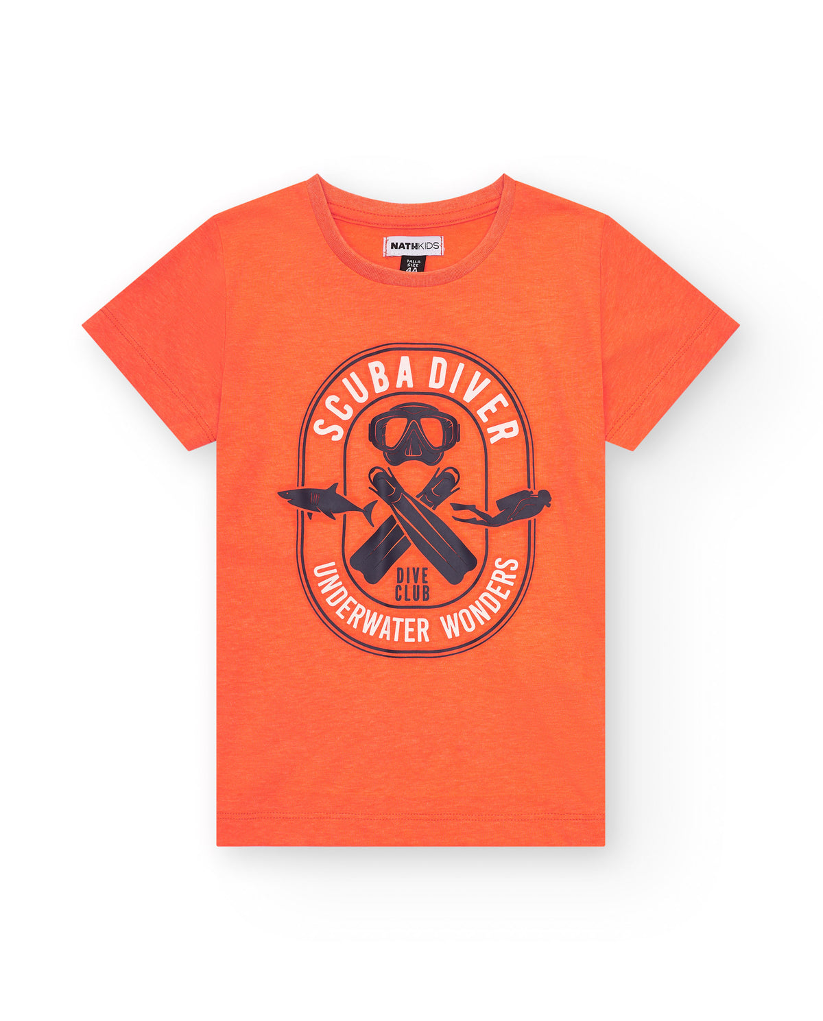 Camiseta para niño en naranja con estampado de buceo frontal.