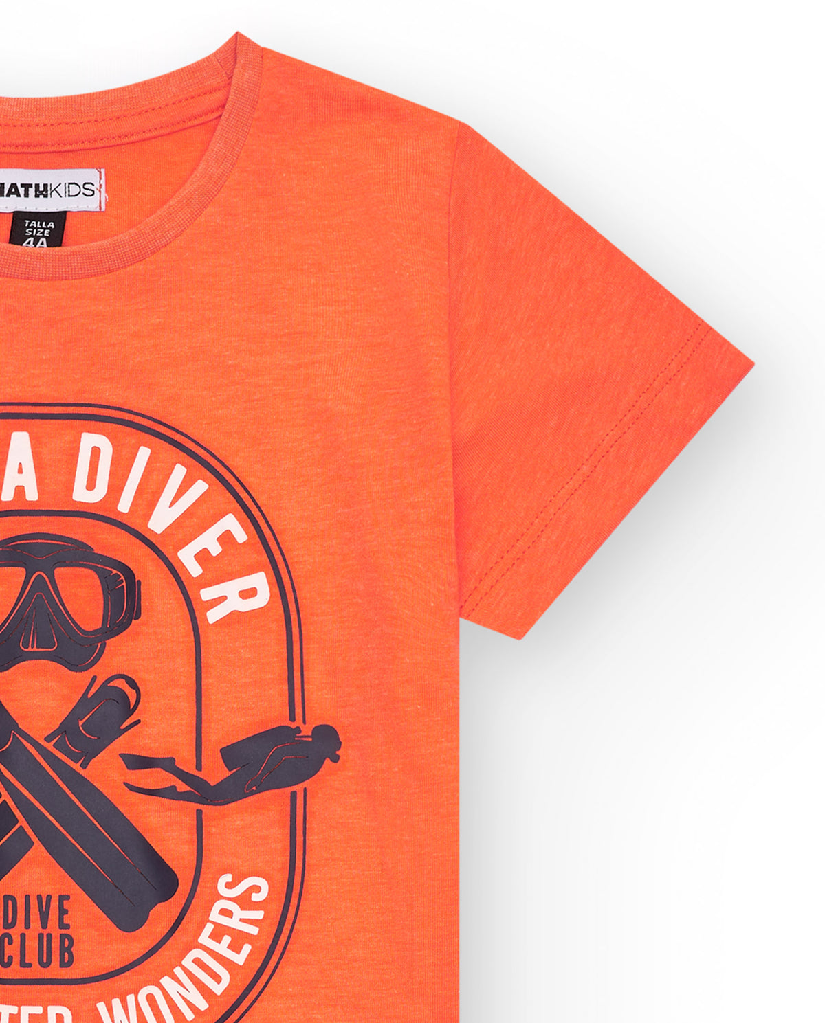 Camiseta para niño en naranja con estampado de buceo frontal.