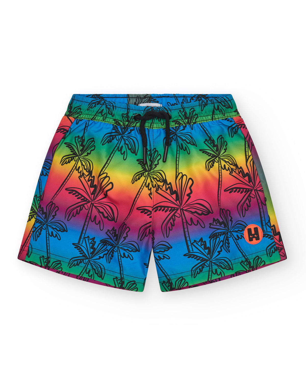 Bañador para niño multicolor con estampado de palmeras y cintura ajustable.