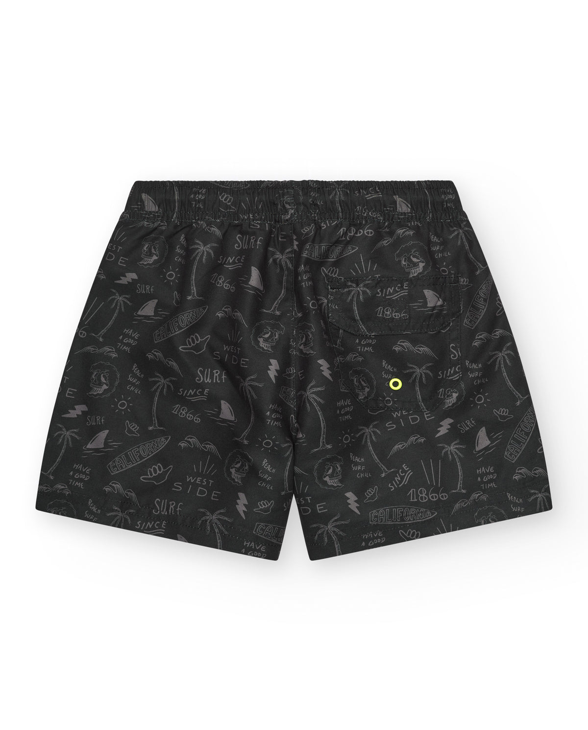 Bañador para niño en negro con estampado surfero y cordón flúor.
