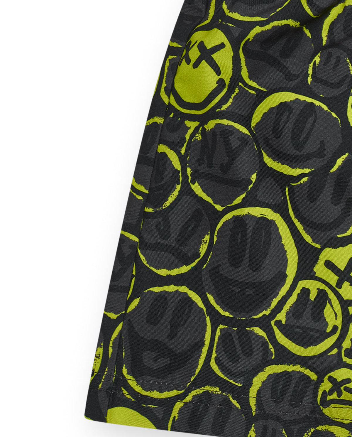 Bañador para niño en negro con estampado de emoticonos y cordón flúor.