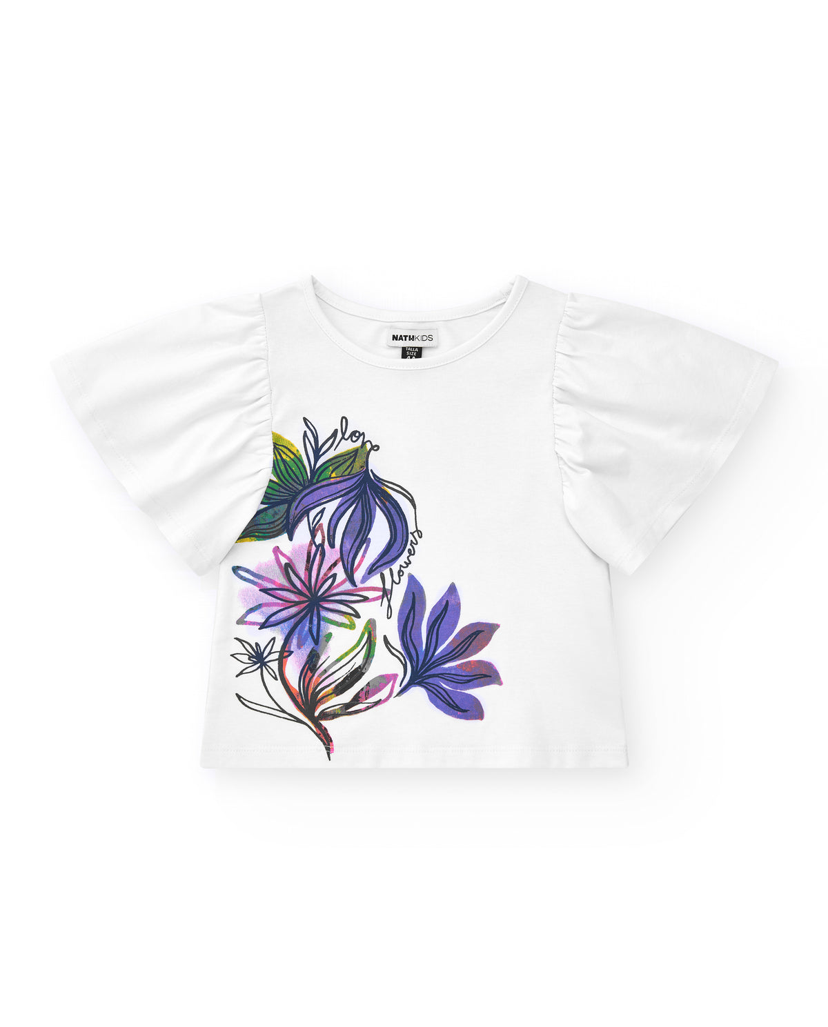 Camiseta para niña en blanco con mangas de volante y estampado floral.